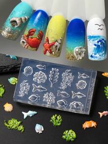 FULL BEAUTY 3D海洋主題美甲矽膠模具，海洋生物設計美甲配件製作模具，包含魚、螃蟹、貝殼、珊瑚、海藻圖案，透明柔軟美甲樹脂鑄造模具，DIY手工美甲裝飾，夏季海灘美甲設計美甲配件用品 - 無色 - 查看 12
