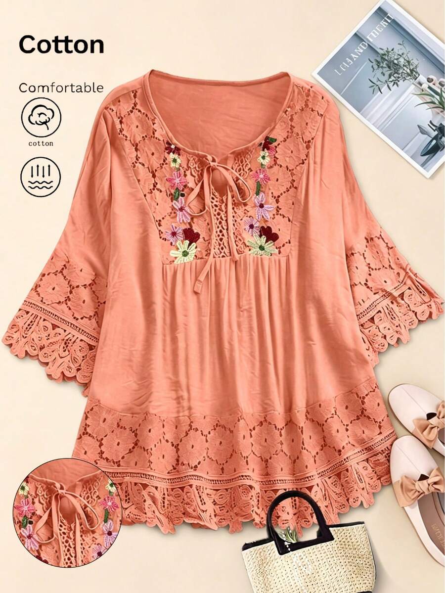 Blusa de encaje casual y sencilla con bordado floral para vacaciones de primavera - Rosa coral - Ver 1