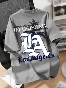Camiseta Gráfica Plus Size de Ajuste Solto para Meninos, Estampa de Palmeira da Califórnia e "LA", Slogan "THE CALIFORNIA", Ajuste Solto Casual, Adequada para Volta às Aulas e Uso no Verão - Cinza - Visão 3