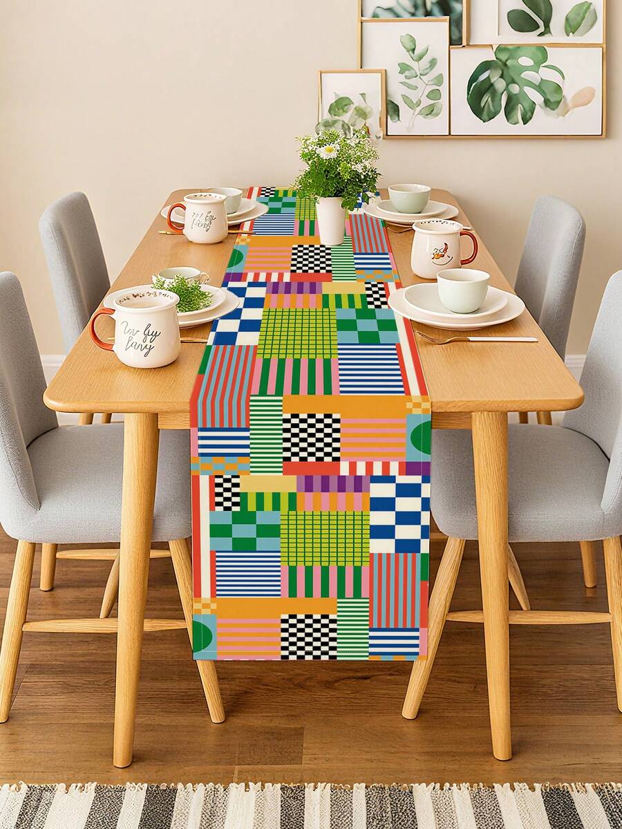 1 Pc Checkerboard & Striped Block Print Table Runner Vibrant Modern Abstract Style Table Runner Washable Suitable For Outdoor Indoor Party Kitchen Home Dining Table Center Can Be Used For Living Room Rectangular Dining Table Restaurant Decoration - Multicolor - View 1