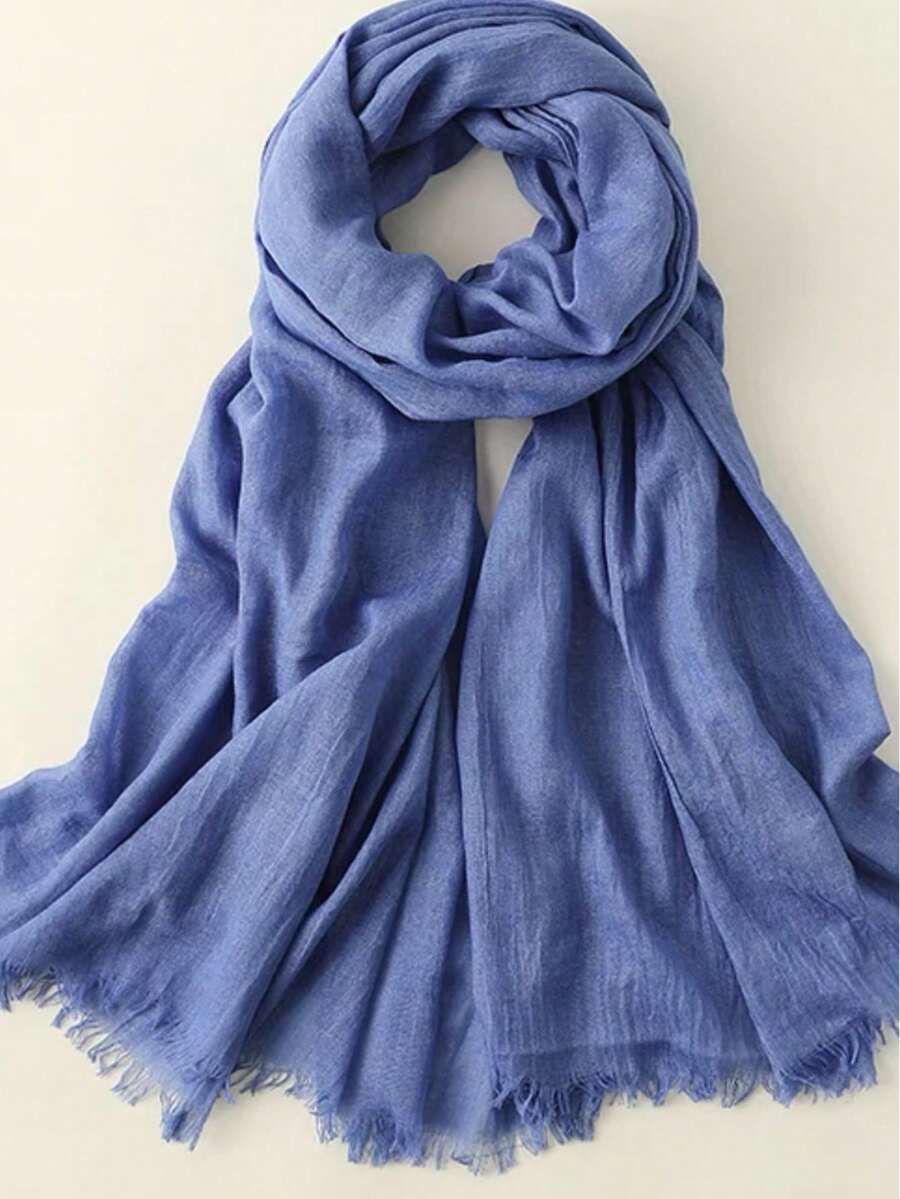 New 120g FauxLinen Solid Color Tassel Scarf Shawl Travel Gift Solid Color Bamboo Knot Scarf - Denim Blue - View 1