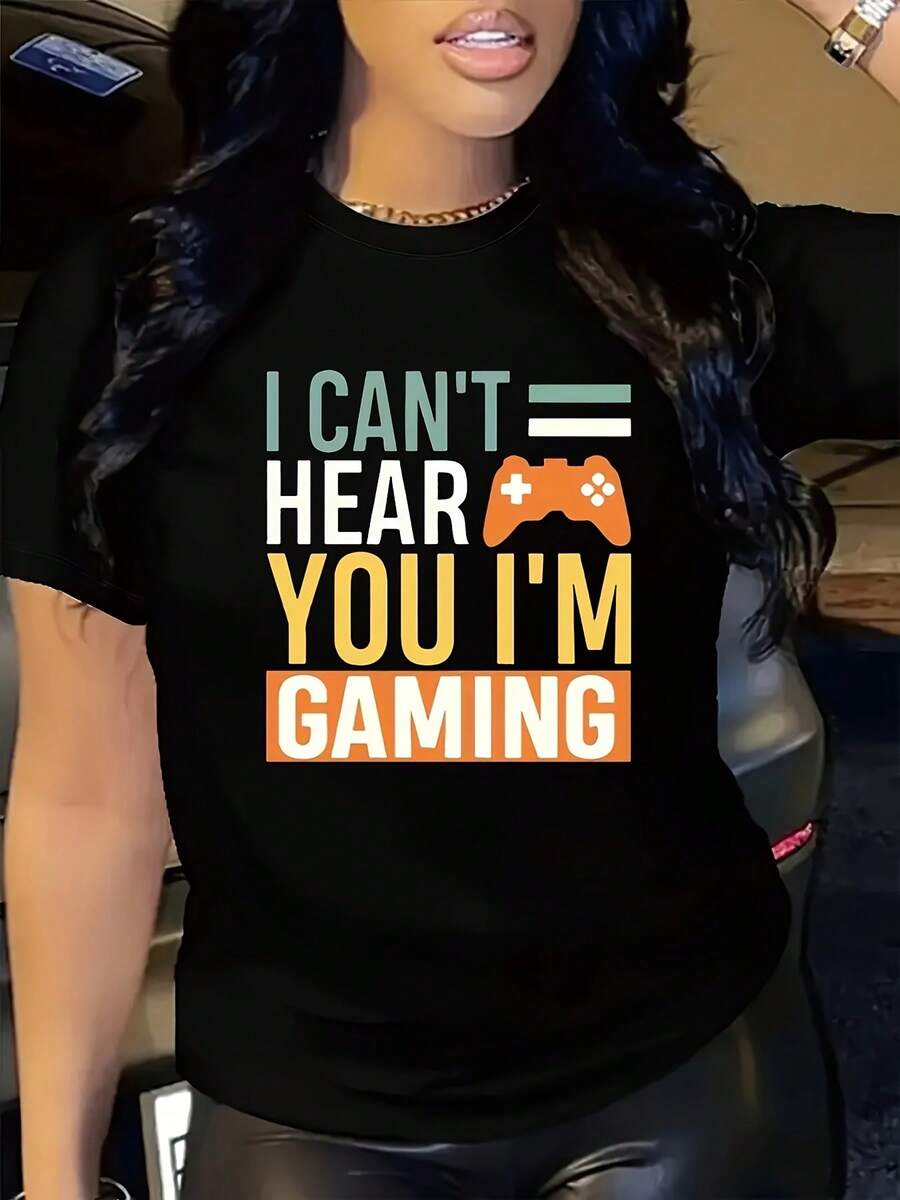 Fashionable T-Shirt With Game Console Elements And Lettering Print - Black - View 1