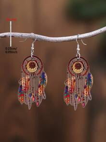 1 Pair 2D Flat Vintage Bohemian Feather Dreamcatcher Pattern Acrylic Pendant Earrings, Retro Minimalist Style Women's Jewelry Suitable For Daily Wear And Vacation - Brown - View 2