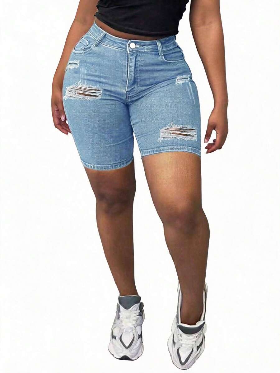 Blazique Plus Size Women Elastic Distressed Skinny Denim Bermuda Shorts Casual Summer - Light Wash - View 1