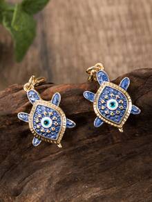 Cring Coco Boho Blue Evil Eye Turtle Charm Drop Earrings, Alloy Enamel Golden Plated Dangle Earrings, Good Luck Jewelry Gift, Suitable For Daily Wear, Gatherings, Parties, And Vacations. - Sea Turtle - View 7
