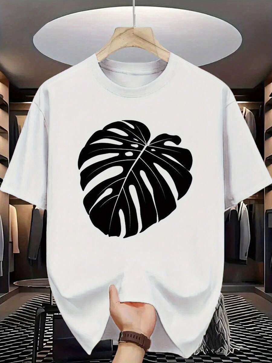 T-shirt de manga curta para homem 2026 com estampa tropical, gola redonda, fresca e natural, adequada para férias na praia e uso diário, corte largo, estilo streetwear - Branco - Ver 1