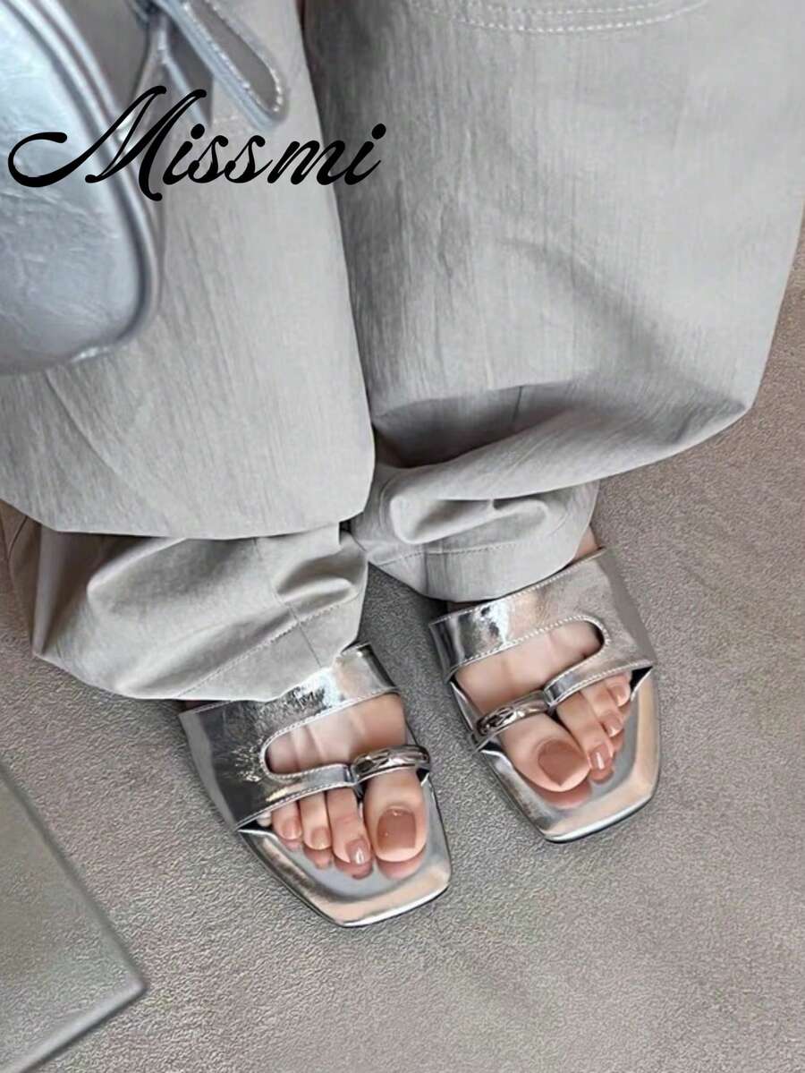 Sandalias tipo mula de estilo retro francés para mujer, con punta abierta y tacón grueso, zapatillas casuales de verano - Plateado - Ver 1