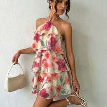 dagjydgfyja Vestido elegante de verano con estampado floral, cuello halter y volantes en el bajo para mujer - Amarillo claro - Ver 1
