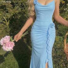 yonghongmaoyi1  MOD Vestido largo de tirantes con cuello drapeado, aplicación floral y volante en el bajo - Azul - Ver 3