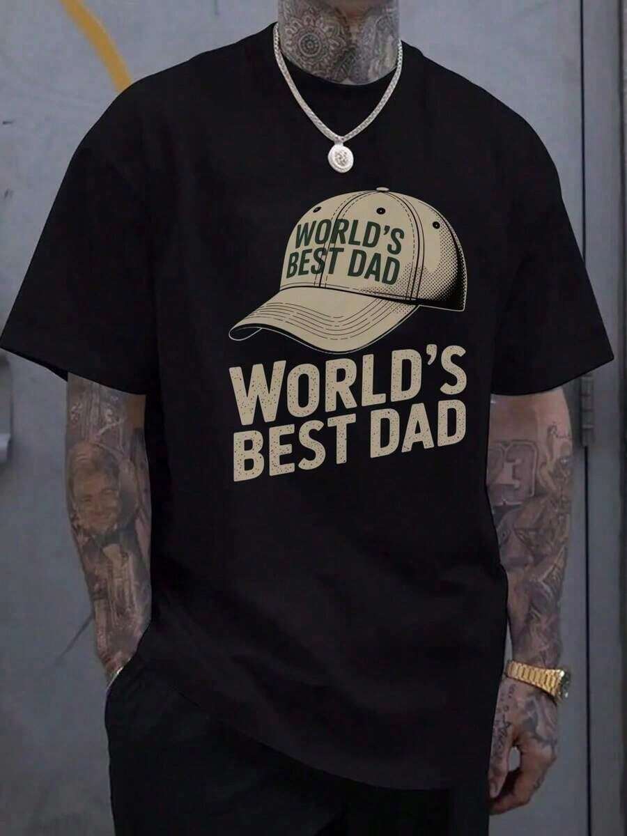 [Best Dad T-Shirt] World's Best Dad Men's Black T-Shirt | With Hat Graphic Print - Perfect Father's Day Gift. - 黑色 - 查看 1