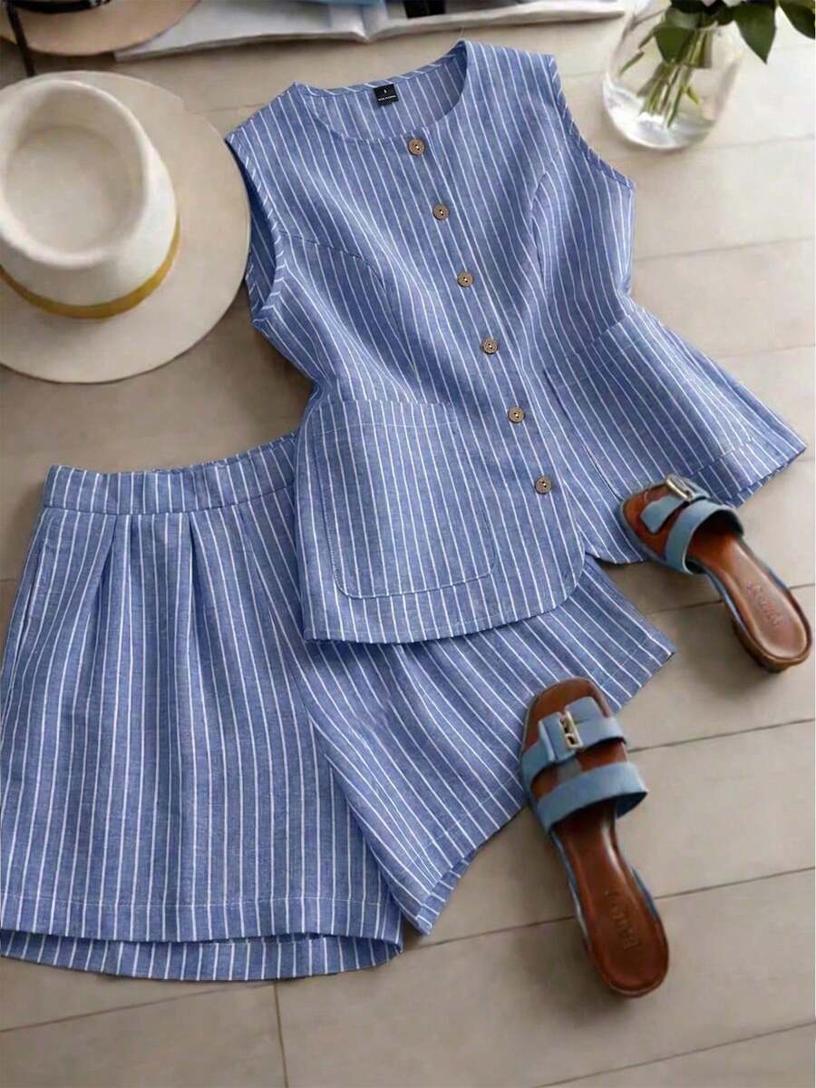 Qadelle Conjunto de 2 piezas de mujer tejido a rayas de estilo elegante para el verano - Azul lavado medio - Ver 1
