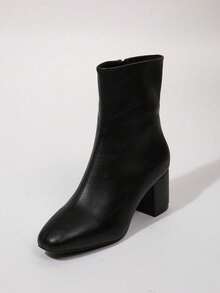 Square Toe High Shaft Boots, Black Appearance, Thick Heel, Fitted, Warm Lining, Autumn/Winter Women's Riding Boots - Black - View 6