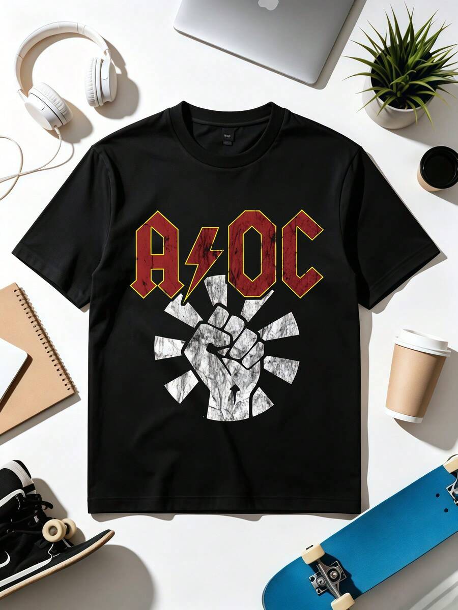 AOCs Fist Vintage Rock Style Political T-Shirt. Soft Fabric, Loose-Fitting, Everyday Casual T-Shirt. - Black - View 1