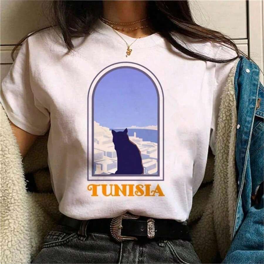 2026 Women's Quality Casual Cotton T-Shirt, Women's T-Shirts With Cartoon And Wine Print, Fun And Fashionable Clothes For Spring Summer, Elegant Women's T-Shirt, Printed T-Shirt For Girls, Unisex Basic T-Shirt - 白色 24 - 查看 1