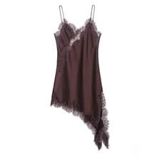2026 Summer New Style Lace Trimmed Asymmetrical Hem Dress - Dark Brown - View 2