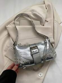 Bolso cruzado, de hombro y de mano de mujer de estilo gótico personalizado con remaches y cadena, bolso de hombro de unicolor con remaches y cadena - Plateado - Ver 7