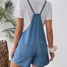 Shorts vaqueros cortos sencillos con tirantes y bolsillo para maternidad, uso casual diario - Azul - Ver 3