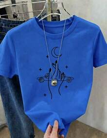 Women's Casual Short-Sleeved Crew Neck T-Shirt With A Planet And Moon Print, Ideal For Everyday Wear. - Vintage Street Style Unisex Cotton Short Sleeve Crew Neck T-Shirt - 藍色 - 查看 1