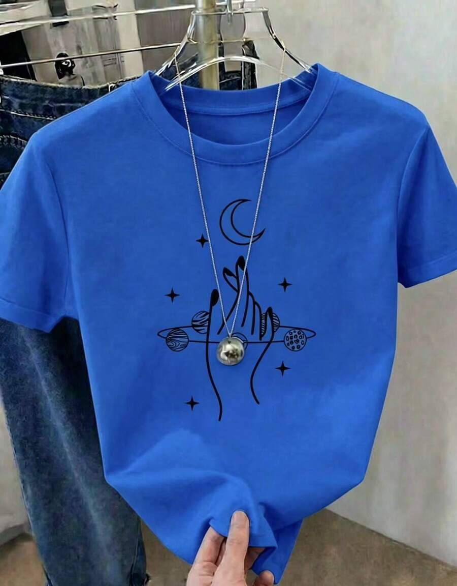 Women's Casual Short-Sleeved Crew Neck T-Shirt With A Planet And Moon Print, Ideal For Everyday Wear. - Vintage Street Style Unisex Cotton Short Sleeve Crew Neck T-Shirt - 藍色 - 查看 1