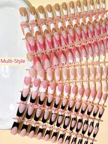120Pcs Medium Long Square Press On Nails, 5 Strips Set - Sweet Style Simple French White False Nails, Multiple Colors & Designs To Choose - Multicolor - View 4
