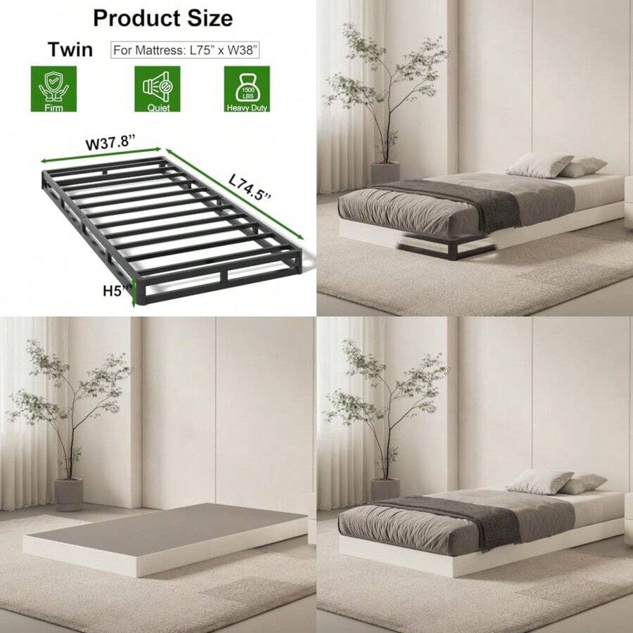 Base de cama con somier perfil bajo de 5 pulgadas base de colchón de metal de servicio pesado de 1500 libras con funda de tela fácil ensamblaje silencioso sin ruido antideslizante - Individual - Ver 1