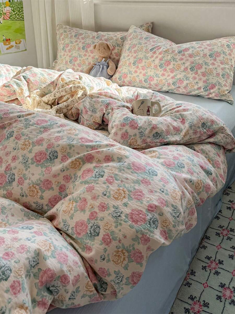 4件組溫柔法式復古玫瑰花卉床上用品套裝，超柔軟雙層水洗聚酯纖維布料，1件被套、1件床單、2件枕套，不含填充物