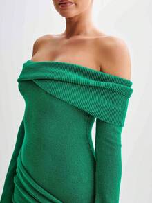 Semi-Sheer Fitted Off-The-Shoulder Knit Dress - 綠色 - 查看 3