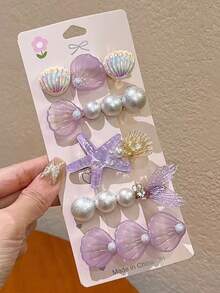 5pcs Pearl Star Shell Fishtail Hair Clips Hair Accessories,Claw Clips - Purple - View 4