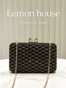 1pc Black Glitter Luxury Rhinestone Decor Box Clutch Bag, Metal Chain Shoulder Strap, Fashion Elegant Handbag, Suitable For Evening Party, Wedding, Formal Occasions, Gift For Women - Black - View 3
