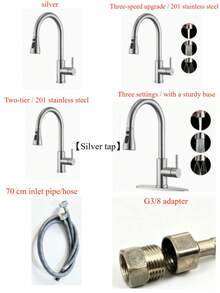 1/2/3pcs Pull Down Kitchen Sink Faucet, Retractable Spray Head Kitchen Tap, 3-In-1 Modern Stainless Steel Home Water Faucet - Water Saving Design, Multi-Function Flow Control, Streamlined Metal Finish, Durable Sanitary Ware, Suitable For Home & Kitchen, Dishwashing Sink, Balcony, Laundry Room, Bar, RV, Farmhouse, Etc., Dead Angle Cleaning Essential Kitchen Supplies, Stretchable Sink Faucet Kitchen Accessories, Minimalist Modern Home Decor Style Faucet, Simple Practical Multi-Function Bathroom Decor Faucet Accessories. - Silver - View 12