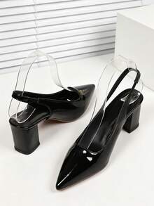 1 paire de sandales de navetteur à bout pointu sans dos enrobé noir pour adolescents, printemps/été, matériau enrobé brillant + design de bride élastique à l'arrière, talon épais antidérapant, talons hauts polyvalents, convient pour le lieu de travail / / les scènes quotidiennes, nouvelles chaussures pour filles 2026 - Noir - Voir 5