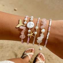 5-Piece Bohemian INS Style Pink Crystal Beaded Bracelet Set, Fishtail, Starfish, Pearl Gold-Plated Bracelets, Daily Wear For Women On Vacation - Type B - View 1