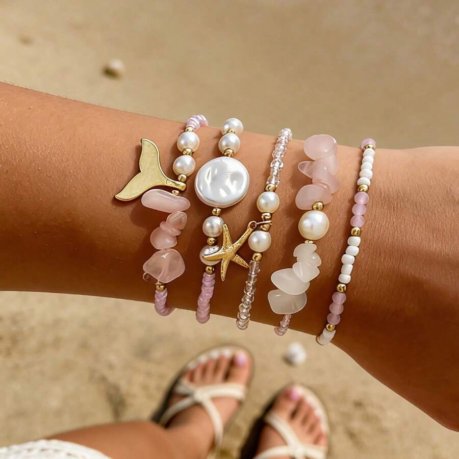 5-Piece Bohemian INS Style Pink Crystal Beaded Bracelet Set, Fishtail, Starfish, Pearl Gold-Plated Bracelets, Daily Wear For Women On Vacation - Type B - View 1