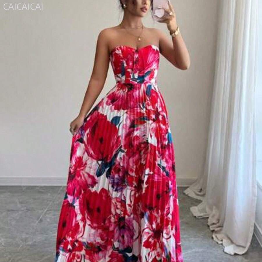 yonghongmaoyi1 Vestido plisado de impresión completa con cintura ajustada tipo bandeau - Rojo - Ver 1