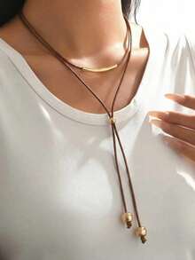 1pc Minimalist Vintage Brown Cord With Metal Ball Multilayer Y-Necklace, Suitable For Daily Wear, Party, And Vacation, Stylish - Brown Line + Gold Ball - View 3