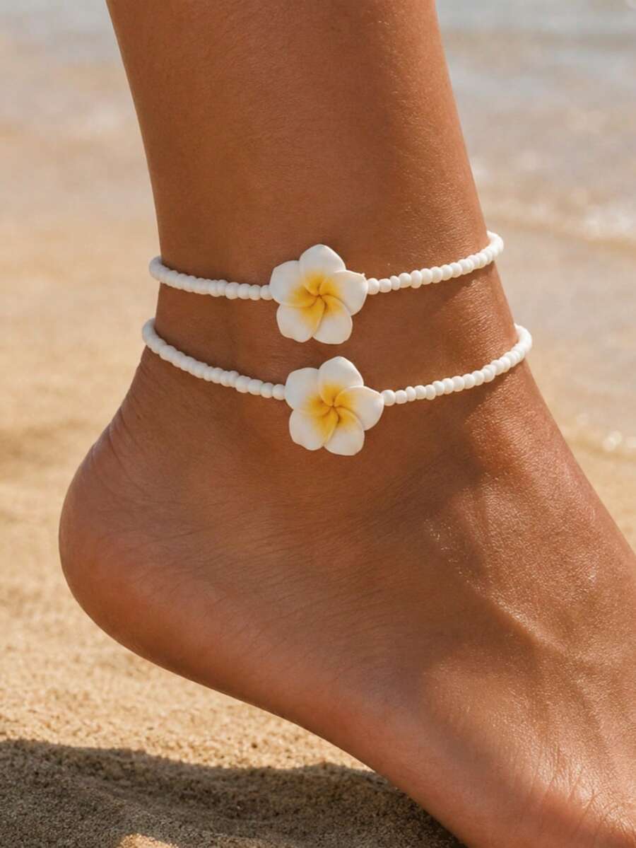 2pcs Fashion Dopamine Color Rice Bead Beaded Soft Clay Plumeria Women's Elastic Anklet Set, Suitable For Beach Vacation, Casual Styling, Family & Friends Gift, Birthday & Holiday Gift