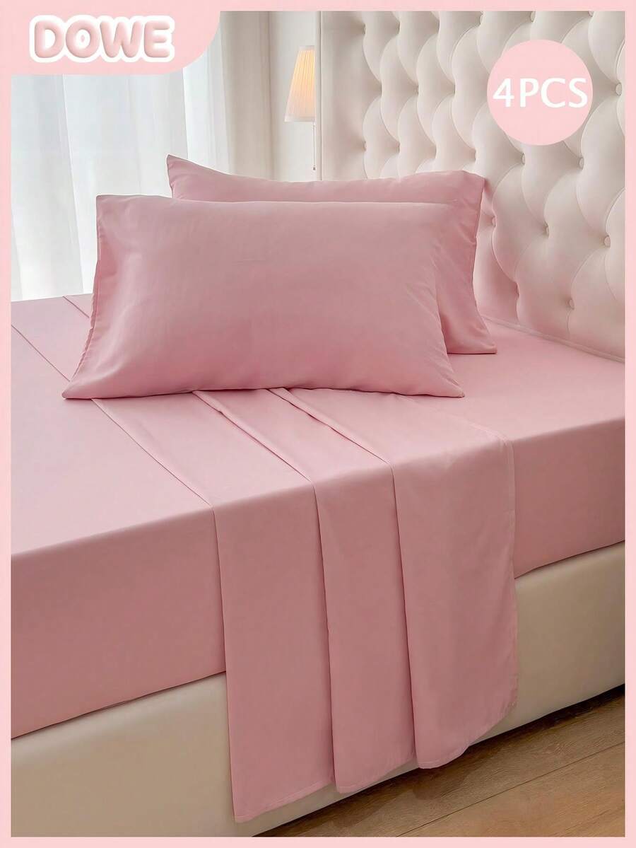 4pcs/Set, 100% Poliester, Warna Polos, Sprei Fitted dengan Kantong Dalam 35cm, Set Perlengkapan Tidur (2 Sarung Bantal + 1 Sprei Datar + 1 Sprei Fitted), Set Perlengkapan Tidur Modern Sepanjang Musim, Gaya Minimalis, Lembut & Nyaman, Bernapas - Merah tua - View 1