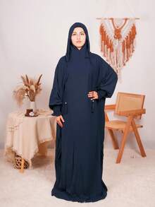 Women's Elegant Stylish Hooded Tassel Kaftan | Middle Eastern Long Robe For Daily Wear Prayer All Seasons - Navy Blue - View 5