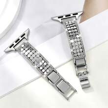 1pc Bling Rhinestone Metal WatchBand Compatible With Apple Watch38/40/41/42/44/45/46/49mm,Honeycomb Design DiamondStudded Stainless Steel Bracelet Strap For Women - Silver - View 4