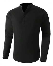 Men's Cotton Linen Long-Sleeved Shirt - 黑色2 - 查看 5