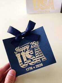 250th Independence Day Happy USA Foil Gift Bag, American National Day Party Souvenir Box, July 4th Holiday Decor Red Blue White Paper Bag, Summer Celebration Favor Packaging With Bow Design, Patriotic Metallic Feel Party Supplies - View 12