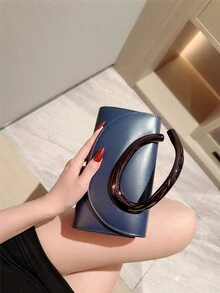1件歐美時尚金屬裝飾迷你手拿包，高端亮面金屬條紋女款手提包，優雅奢華晚宴包，適合正式禮服，設計師PU皮革派對包/浪漫婚禮手拿包/舞會包/雞尾酒會包，適用於學校舞會，附金屬鏈條 - 藏蓝色 - 查看 3