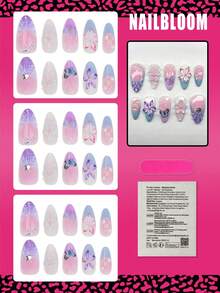 10pcs Medium Almond Shaped Press-On Nails, Summer 3D Flower Water Drop Pink Gradient French Nails, Purple Butterfly White Rhinestone Embellished, Suitable For Nail Salons, Girls And Women Daily Wear, Holiday Parties And Gifts - Multicolor - View 2