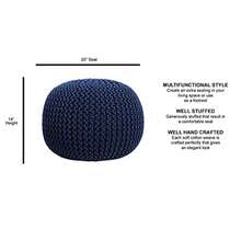 FRELISH DECOR - Puf redondo otomano de algodón tejido a mano reposapiés puf de punto puf de piso para dormitorio sala de estar asiento decorativo 20 x 20 x 14 pulgadas - Azul marino - Ver 4