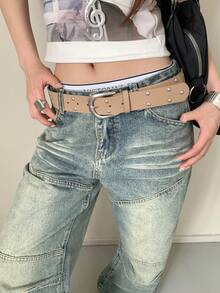 1pc Khaki PU Material Vintage Rivet Buckle Belt For Women - Khaki - View 1