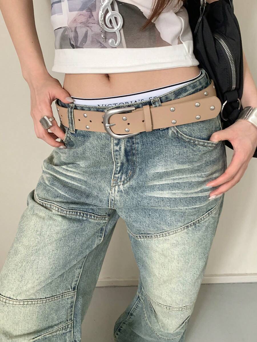 1pc Khaki PU Material Vintage Rivet Buckle Belt For Women - Khaki - View 1