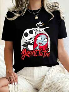 Disney Women Round Neck T Shirt Jack Skellington And Sally Meant To Be Print Casual Wear Halloween 220g - 黑色 - 查看 1