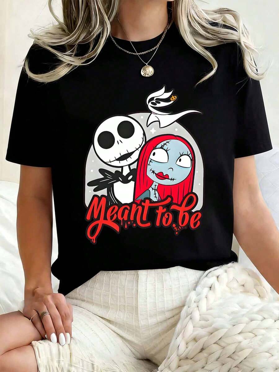 Disney Women Round Neck T Shirt Jack Skellington And Sally Meant To Be Print Casual Wear Halloween 220g - 黑色 - 查看 1