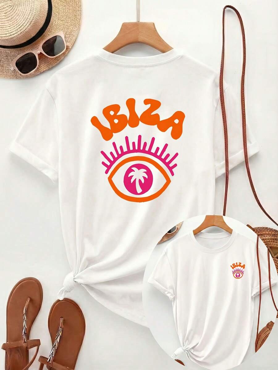Women's 100% Cotton T-Shirts 2026 [Double-Sided Print] Casual Spring Summer Women's T-Shirt, Round Neck, Short Sleeve, Orange "IBIZA" Lettering With Y2K Eye Pattern - 白色 - 查看 1