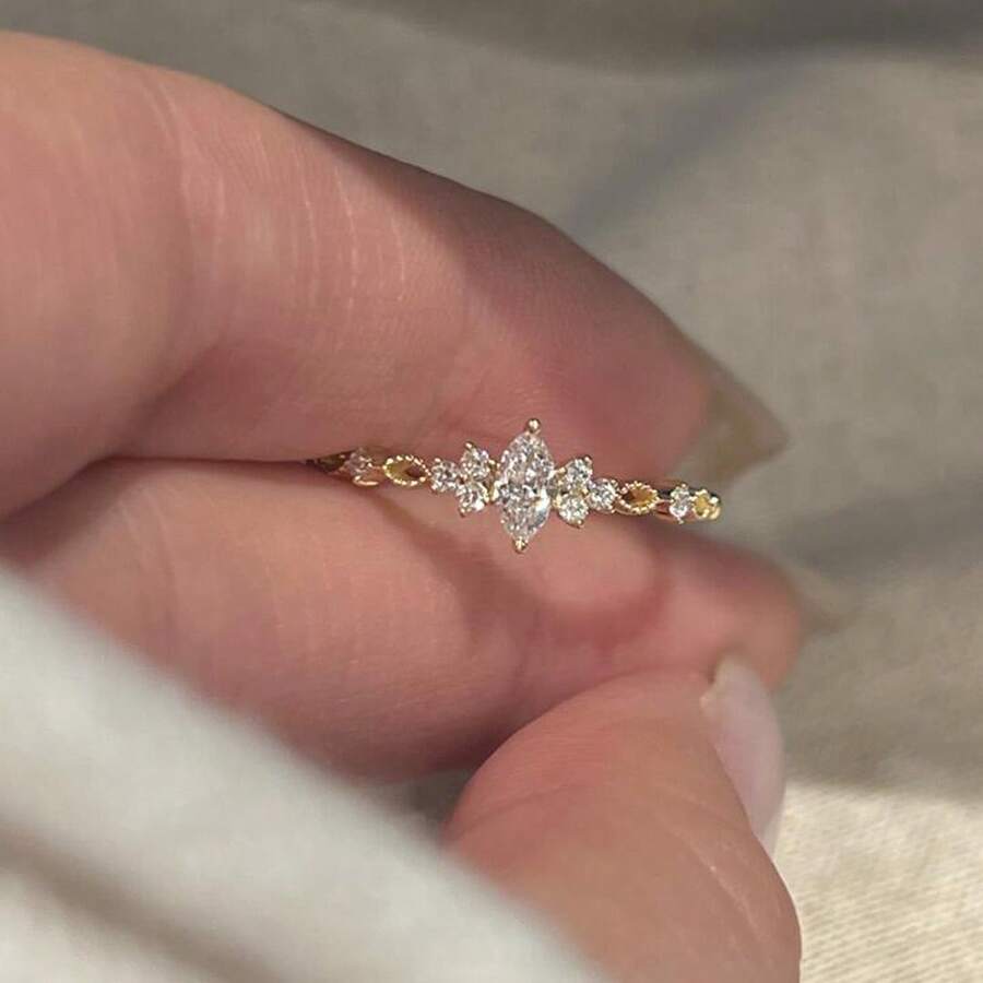 1件時尚輕奢優雅精緻馬眼形立方氧化鋯開口戒指女款，極簡獨特小眾設計高端珠寶，適合日常配戴 - 金色 - 查看 1